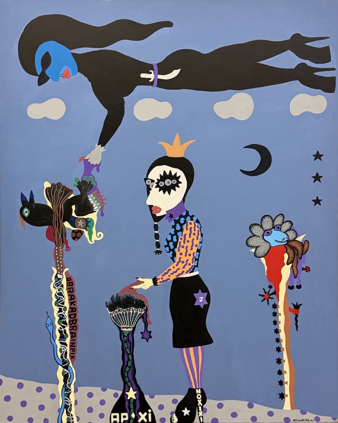 Garden of Eden by Bazooka Joe. A crowned figure in a starburst mask stands between three totemic stalks under a gray-purple sky