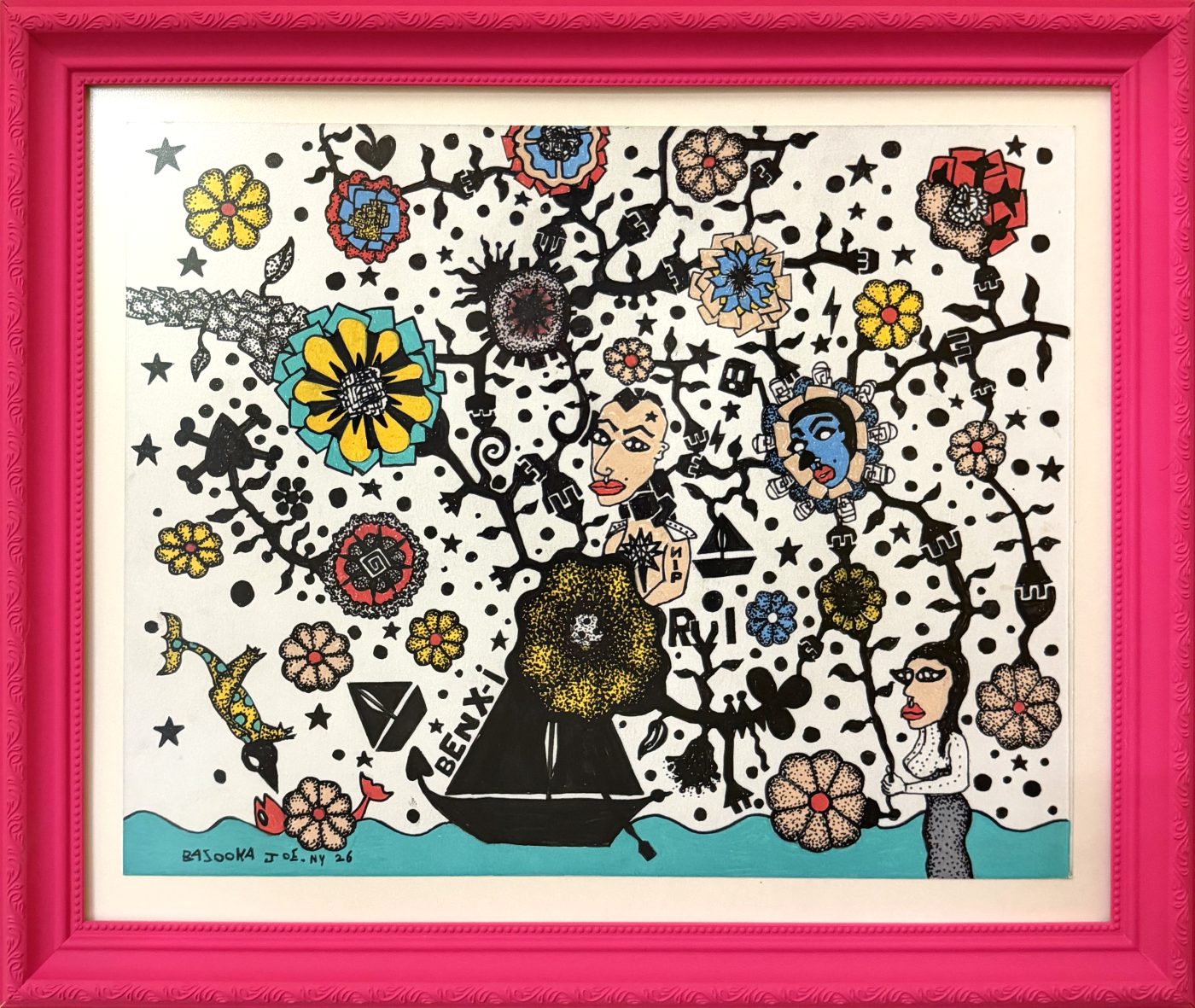 Night Garden by Bazooka Joe. A dense garden of flowers and black vines around a dark vase, faces among the leaves, in a pink frame made by the artist