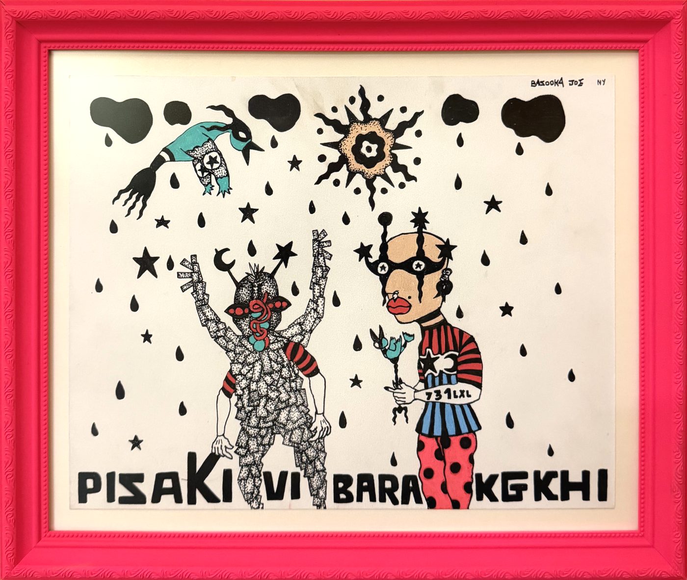 PISAKI by Bazooka Joe. Two figures in the rain under a black sun and clouds, lettered PISAKI VI BARA KGKHI, in a pink frame made by the artist