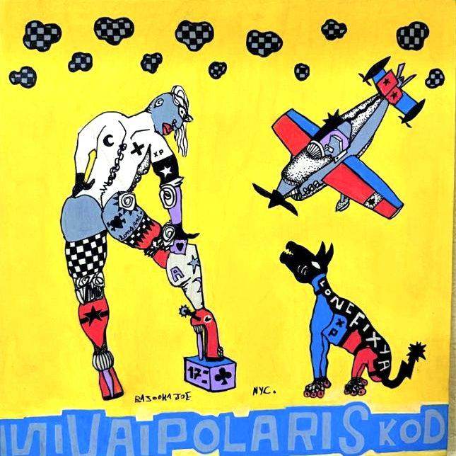 The Third Sex: Evolution II by Bazooka Joe. Mustard yellow ground with a bending figure, a red bird and an inverted biplane