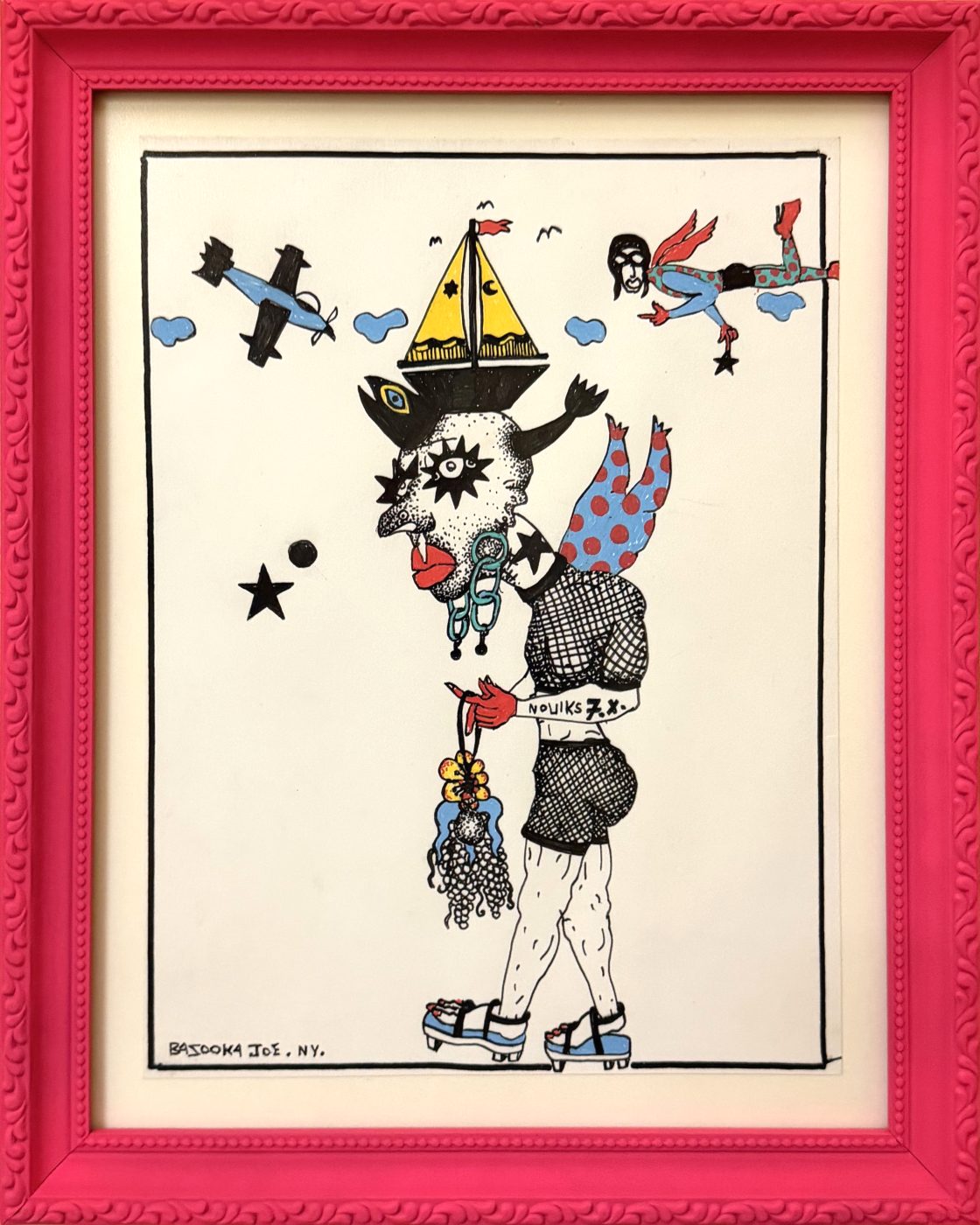 Sail Head by Bazooka Joe. A figure carrying a yellow sailboat on its head, a plane and a flying figure above, in a pink frame made by the artist