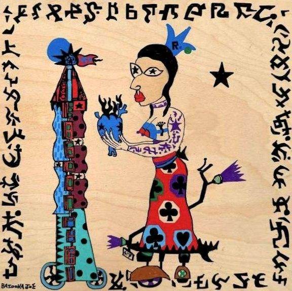 Totem Keeper by Bazooka Joe. Mixed media on panel, 14.2 x 14.2 in