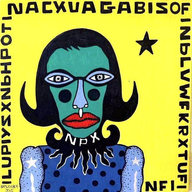 Frida Kahlo Evolution by Bazooka Joe. Green face with black horn curled hair on a mustard yellow ground