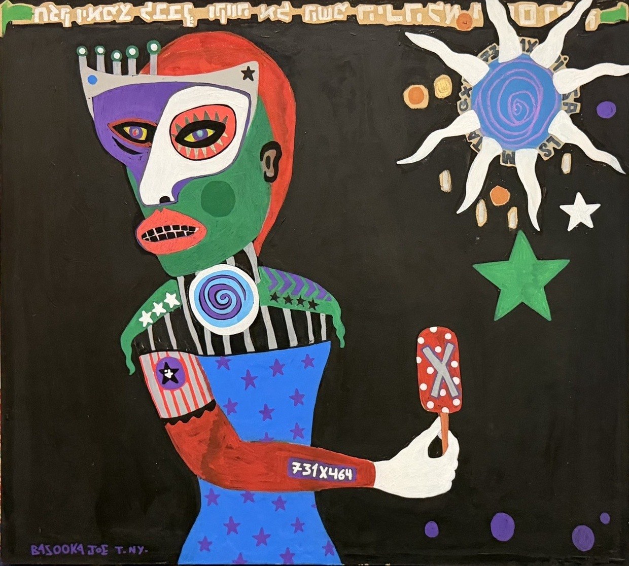 ARTik by Bazooka Joe. A masked, crowned figure holds out a red popsicle beneath a white spiral sun on a black ground