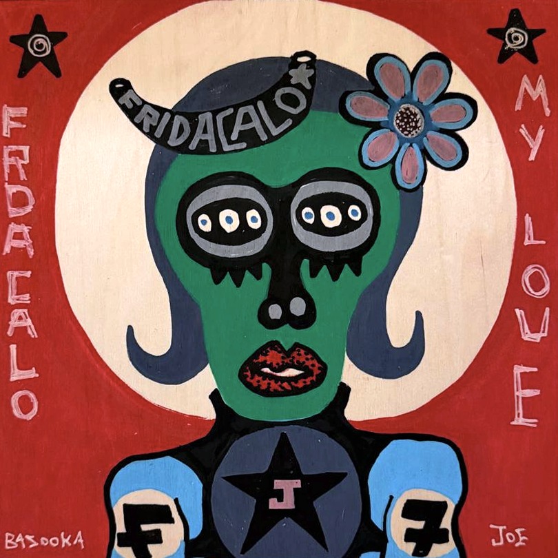 Frida Kahlo, My Love by Bazooka Joe. A green-faced figure with a blue flower in her hair inside a white disc on red