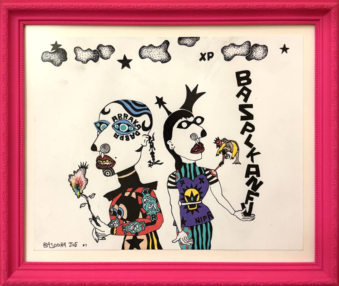 BASAKANFI by Bazooka Joe. Two crowned figures in profile with a flower and a fish under dotted clouds, in a pink frame made by the artist