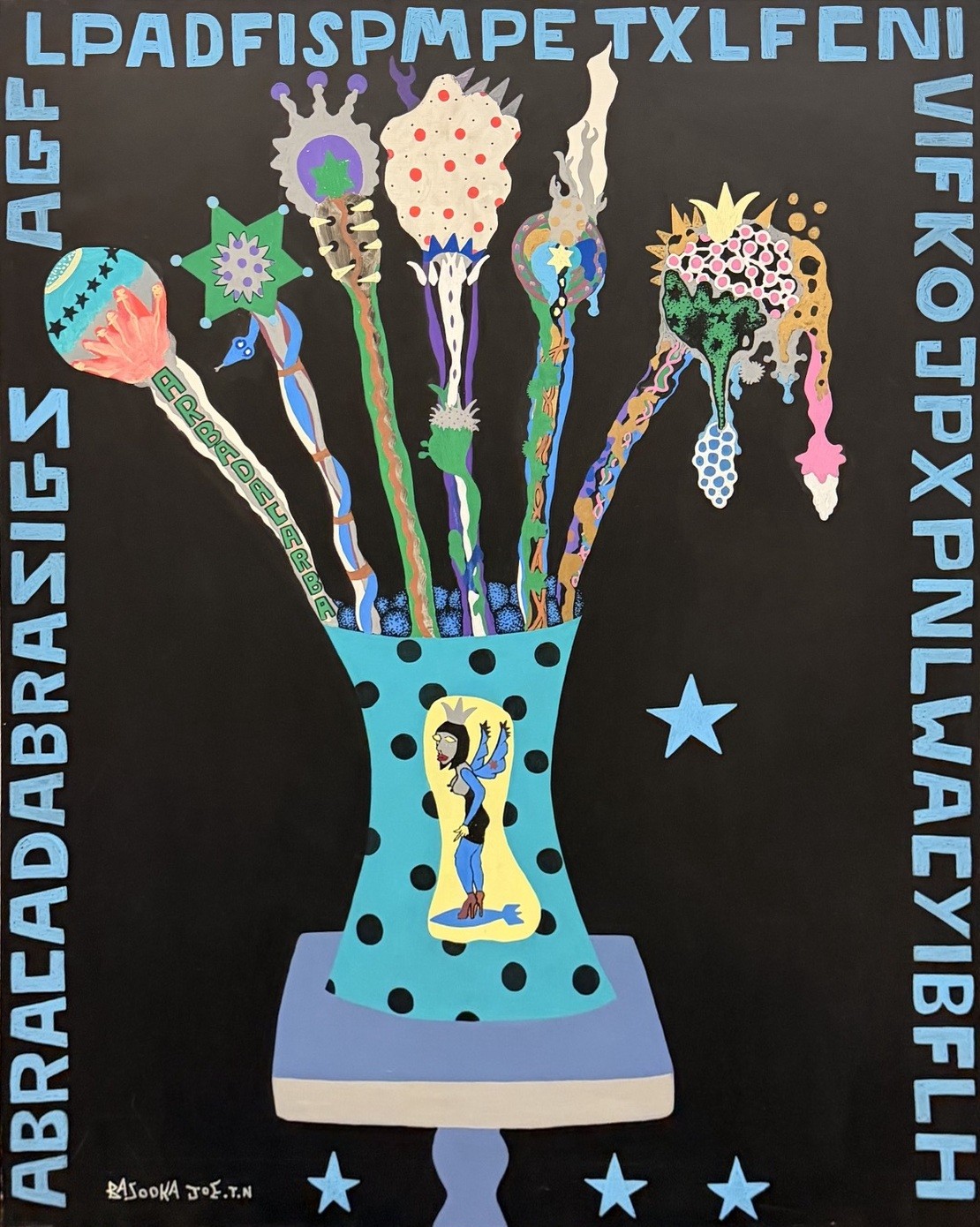 Bouquet from the Garden of Eden by Bazooka Joe. Seven invented stalk-flowers rise from a turquoise polka-dot vase on a dark ground inside a lettered border