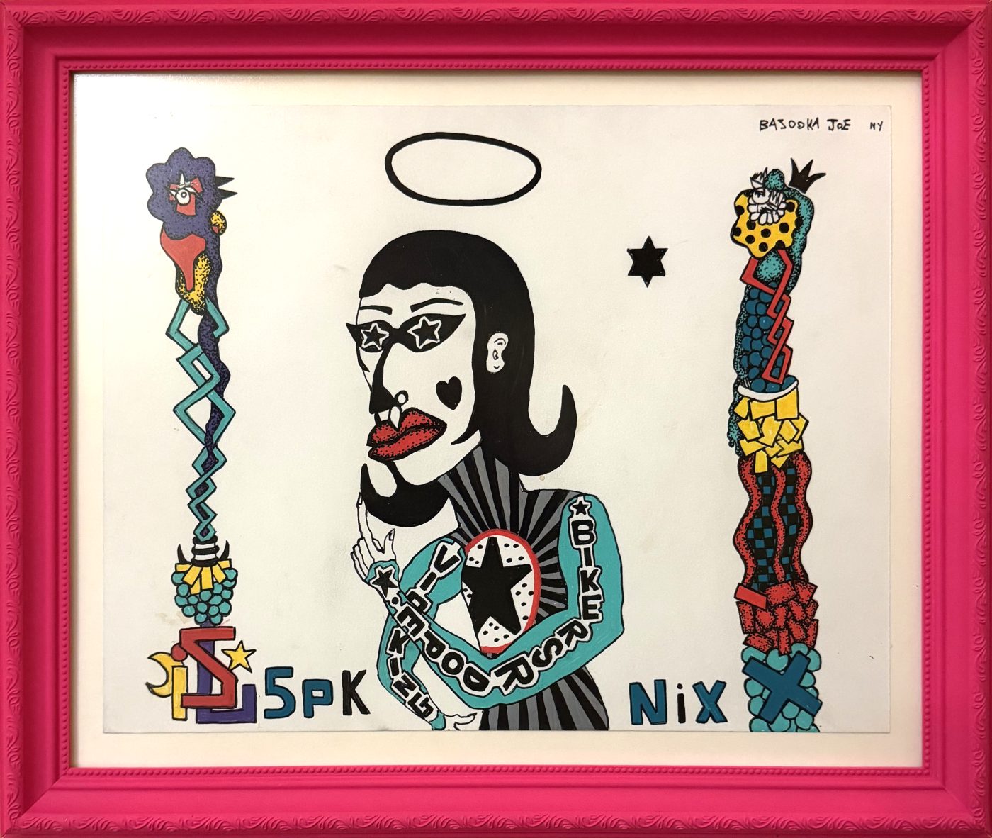 SPK NIX by Bazooka Joe. A haloed woman with star eyes between two jewelled totem columns, in a pink frame made by the artist