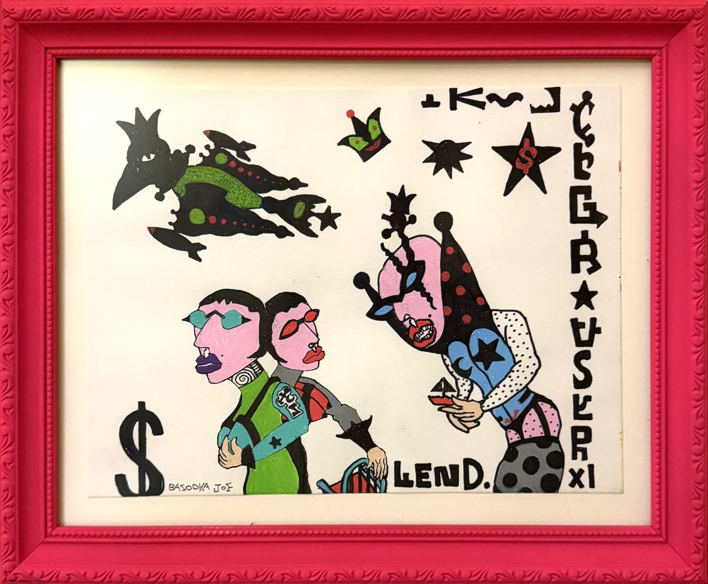 LEND by Bazooka Joe. Two pink-faced twins and a jester under a black bird, with lettered columns, in a pink frame made by the artist
