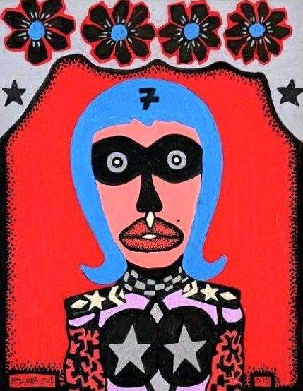 Luchadora Red by Bazooka Joe. Acrylic on canvas in a painted frame
