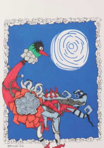 Bat Yaan on a Blue Background by Bazooka Joe. A red and gray bird with a green head stands under a white spiral moon on blue