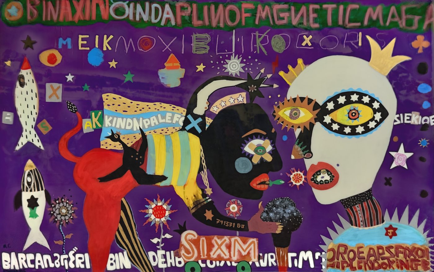 Binaxin Oinda by Bazooka Joe. A crowned pale head in a star mask faces a black profile across a purple ground covered in invented letters