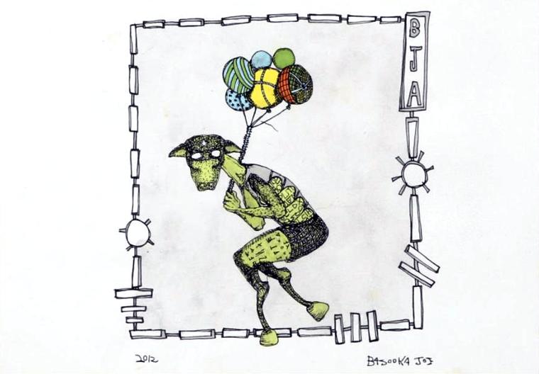 Figure with Balloons by Bazooka Joe. A crouching green figure holding five balloons inside a drawn frame