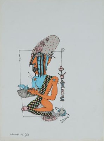 Musician by Bazooka Joe. A kneeling figure in a tall dotted cap and a harlequin sash plays a keyboard