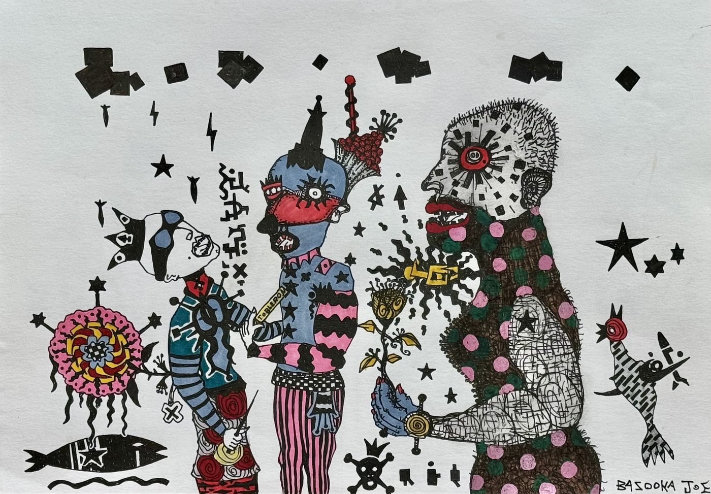 Paper Gangsters, No. 1 by Bazooka Joe. Three figures face off under falling black squares: a crowned masked figure, a blue figure in striped trousers, and a polka-dot giant holding out a flower