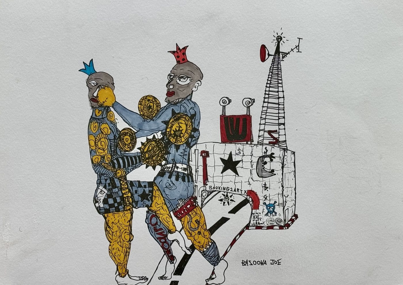 Paper Gangsters, No. 2 by Bazooka Joe. Two crowned figures boxing in front of a lettered building and a radio tower