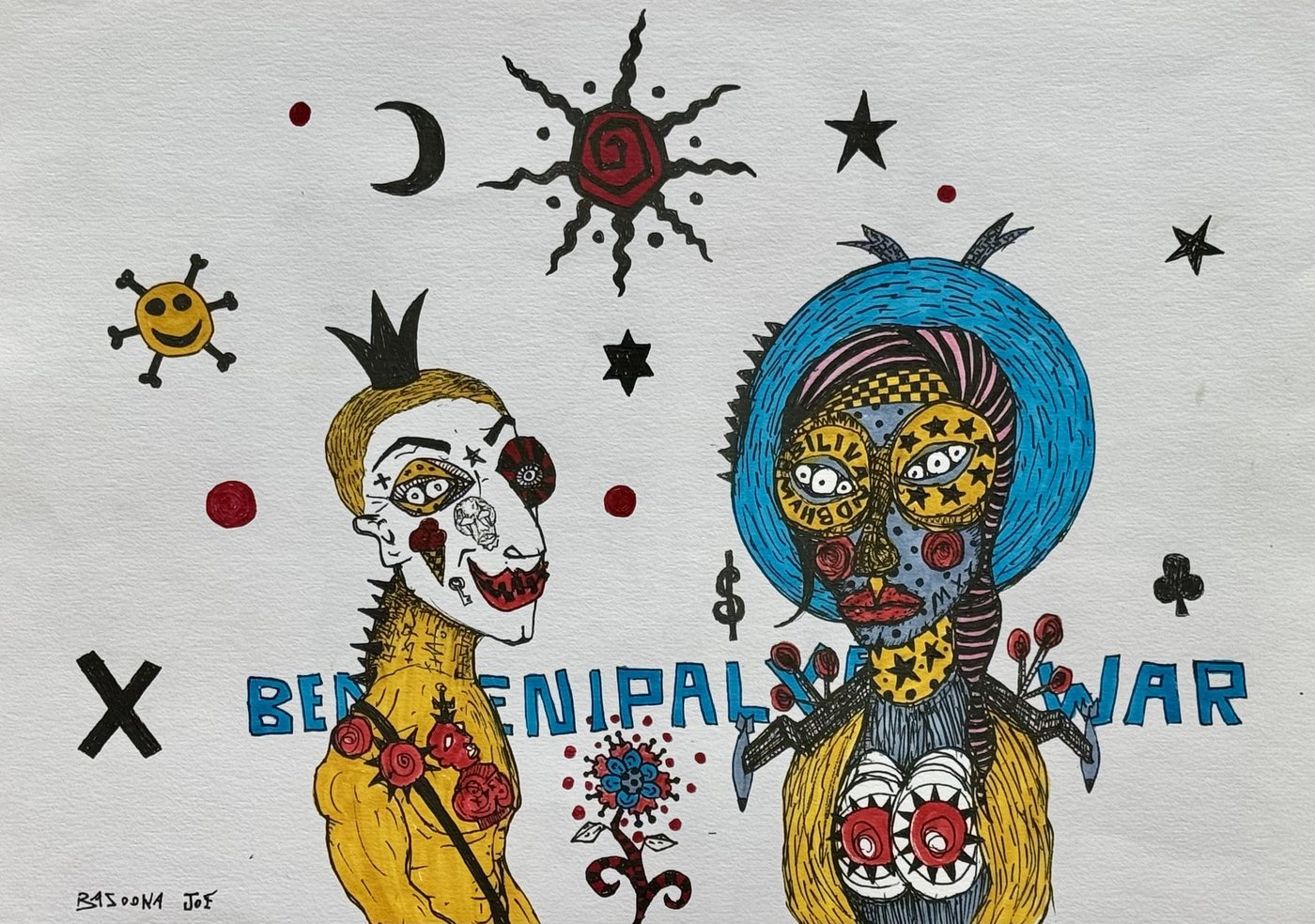 Paper Gangsters, No. 3 by Bazooka Joe. A crowned clown and a haloed blue-faced figure over a line of blue invented lettering, under a black sun and moon