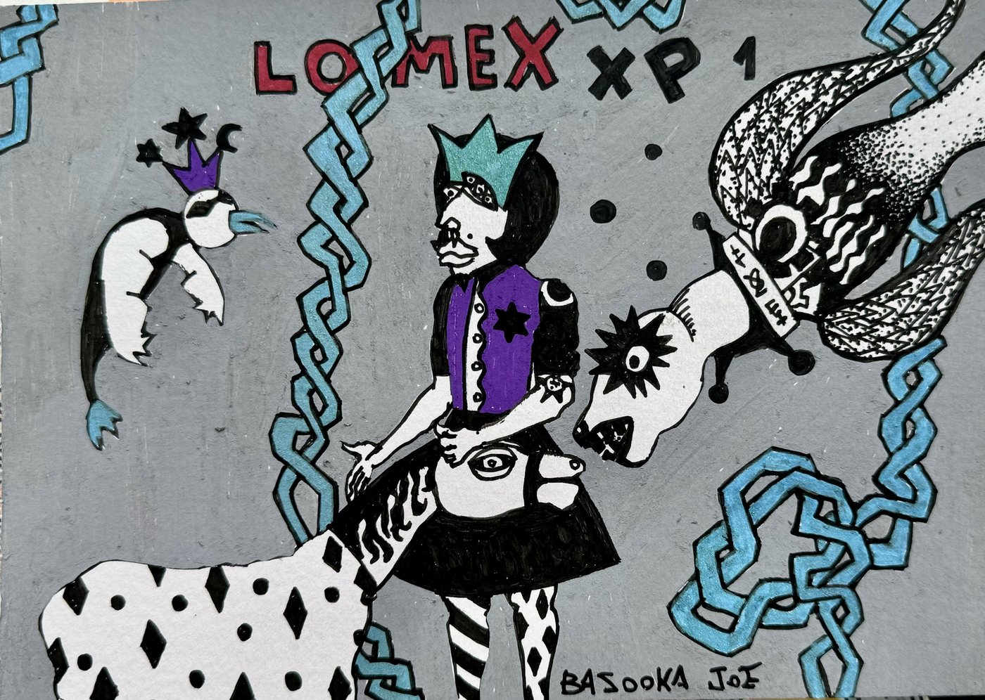 Paper Gangsters, No. 5 by Bazooka Joe. A crowned figure in a purple vest between a masked bird, a spotted horse and a winged creature, blue chains on a gray ground