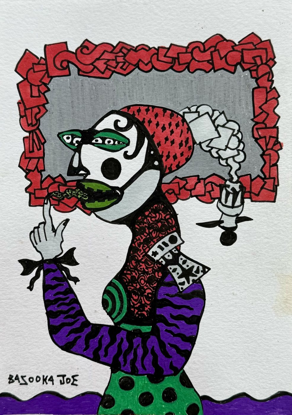 Paper Gangsters, No. 6 by Bazooka Joe. A masked figure in a red cap and purple stripes raises one finger in front of a red-framed gray panel