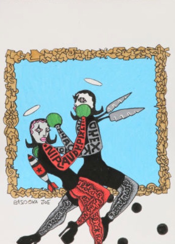 Untitled by Bazooka Joe. Two figures, one in green boxing gloves, inside a gold frame on a pale blue ground